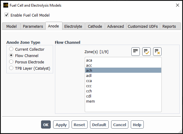 The Anode Tab of the Fuel Cell and Electrolysis Models Dialog Box With Flow Channel Selected