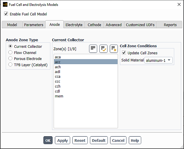 The Anode Tab of the Fuel Cell and Electrolysis Models Dialog Box With Current Collector Selected