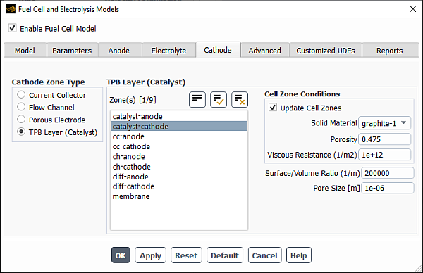 The Cathode Tab of the Fuel Cell and Electrolysis Models Dialog Box With TPB Layer (Catalyst) Selected