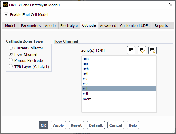 The Cathode Tab of the Fuel Cell and Electrolysis Models Dialog Box With Flow Channel Selected