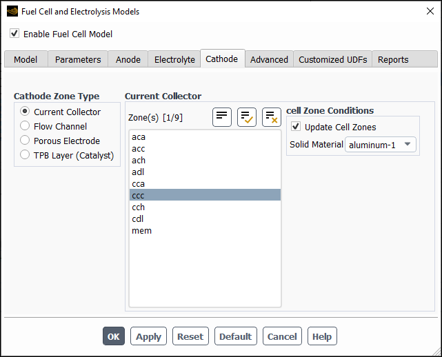 The Cathode Tab of the Fuel Cell and Electrolysis Models Dialog Box With Current Collector Selected