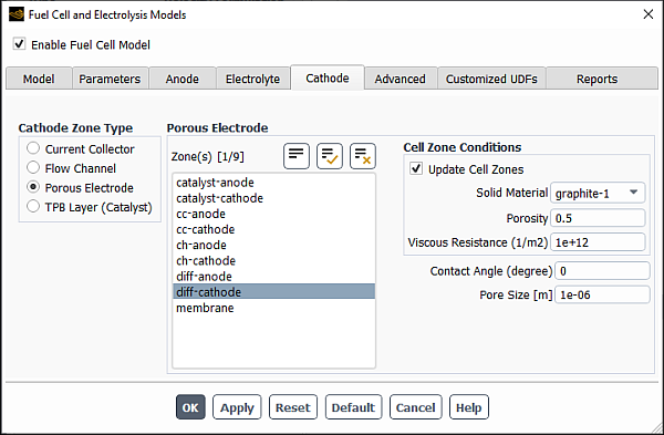 The Cathode Tab of the Fuel Cell and Electrolysis Models Dialog Box With Porous Electrode Selected