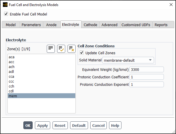 The Electrolyte Tab of the Fuel Cell and Electrolysis Models Dialog Box