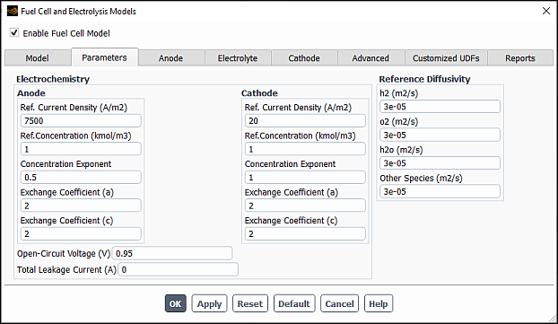 The Parameters Tab of the Fuel Cell and Electrolysis Models Dialog Box