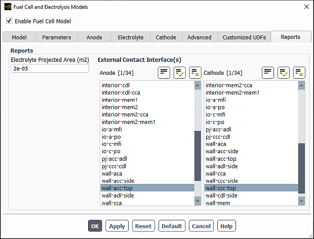 The Reports Tab of the Fuel Cell and Electrolysis Models Dialog Box