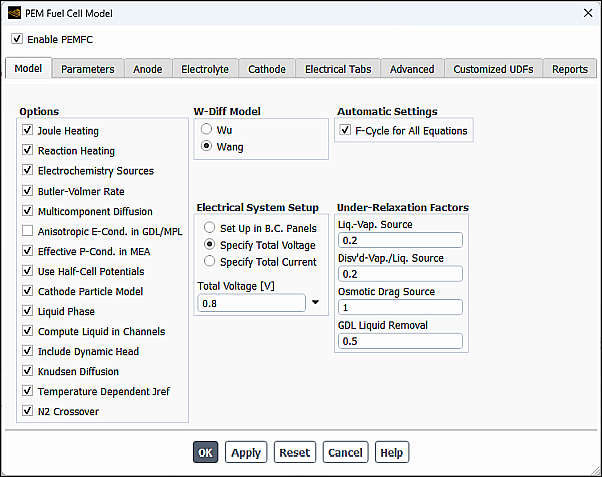 The Model Options in the PEM Fuel Cell Model Dialog Box