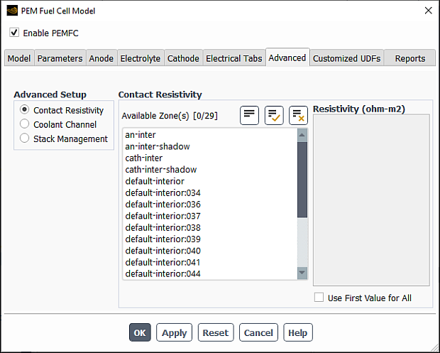 The Advanced Tab of the PEM Fuel Cell Model Dialog Box for Contact Resistivities