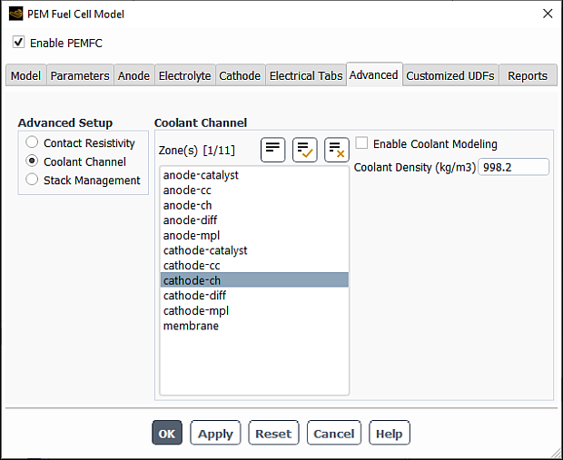 The Advanced Tab of the PEM Fuel Cell Model Dialog Box for the Coolant Channel