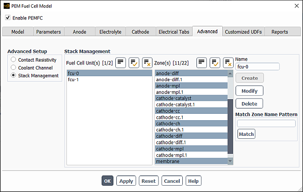 The Advanced Tab of the PEM Fuel Cell Model Dialog Box for Stack Management