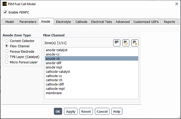 The Anode Tab of the PEM Fuel Cell Model Dialog Box with Flow Channel Selected