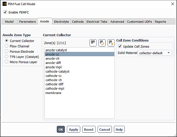 The Anode Tab of the PEM Fuel Cell Model Dialog Box with Current Collector Selected