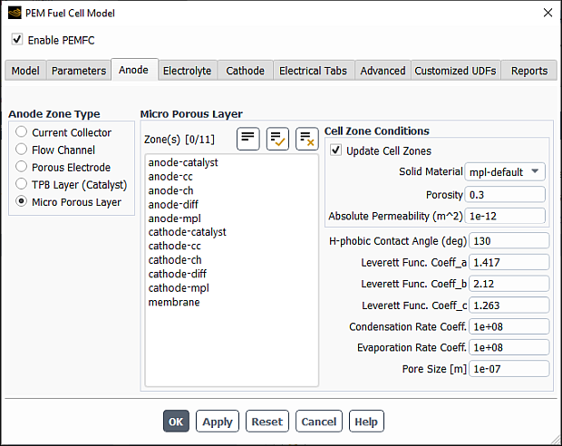 The Anode Tab of the PEM Fuel Cell Model Dialog Box with Micro Porous Layer Selected