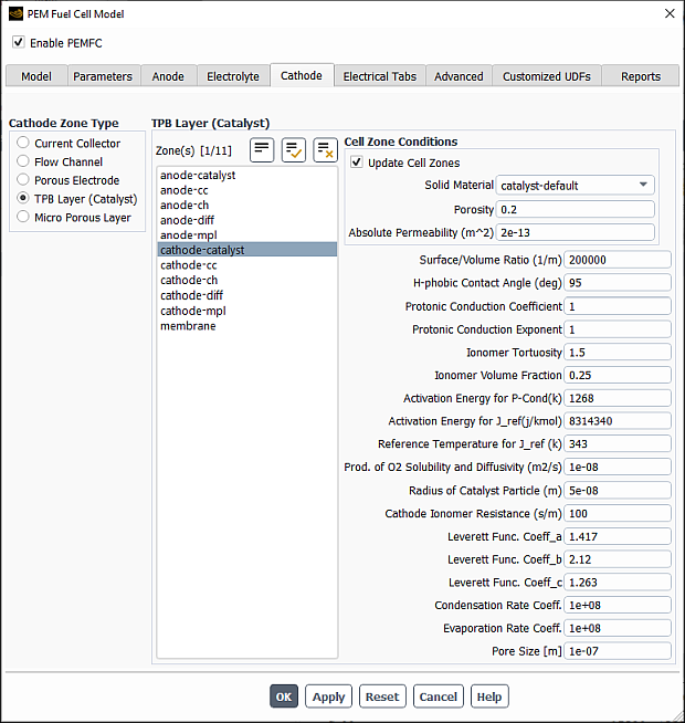 The Cathode Tab of the PEM Fuel Cell Model Dialog Box with TPB Layer (Catalyst) Selected