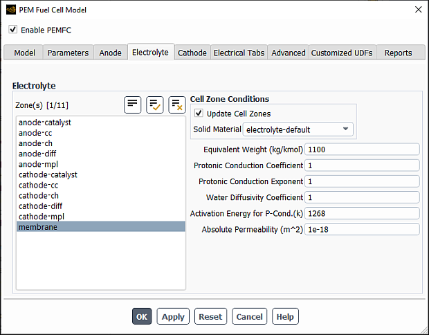 The Electrolyte Tab of the PEM Fuel Cell Model Dialog Box