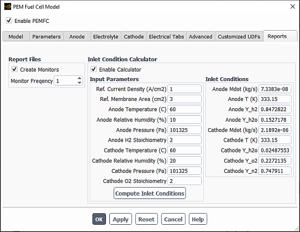 The Reports Tab of the PEM Fuel Cell Model Dialog Box