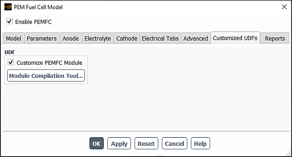 The Customized UDFs Tab in the PEM Fuel Cell Dialog Box