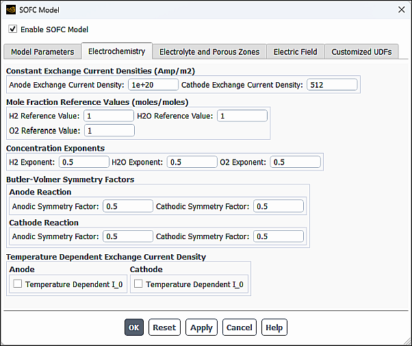 The Electrochemistry Tab in the SOFC Model Dialog Box