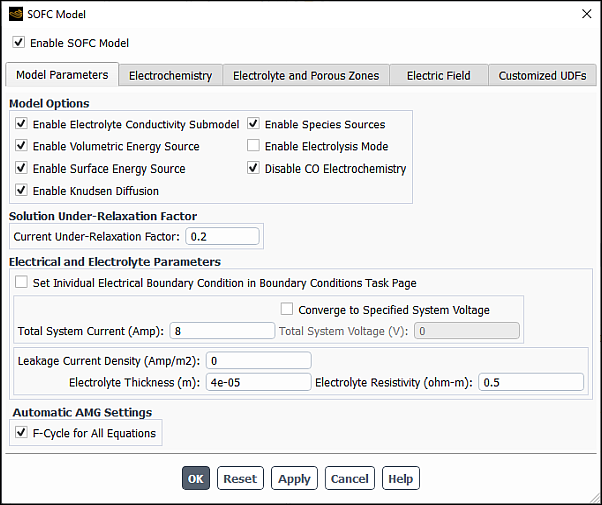 The Model Parameters Tab in the SOFC Model Dialog Box