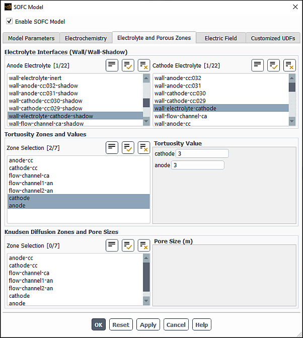 The Electrolyte and Porous Zones Tab in the SOFC Model Dialog Box