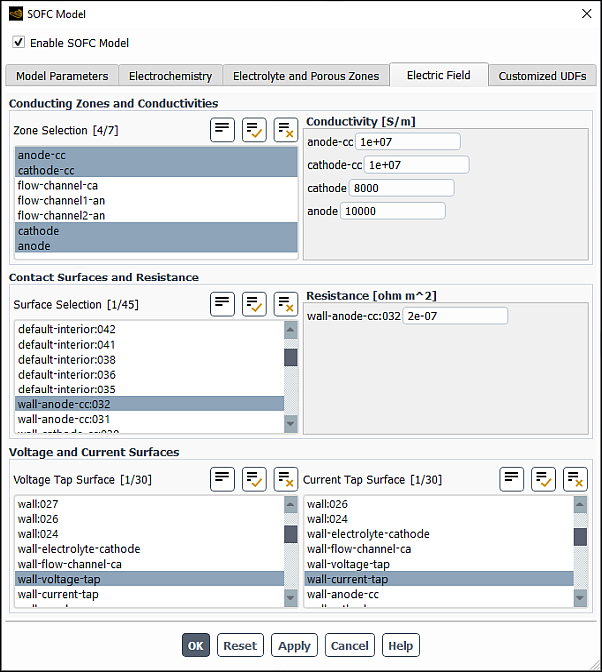 The Electric Field Tab in the SOFC Model Dialog Box