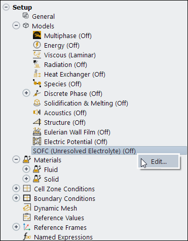 Opening the SOFC Model Dialog Box in the Outline View