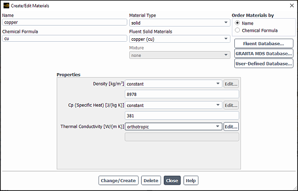 Create/Edit Materials Dialog Box with Orthotropic Conductivity