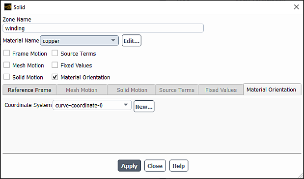 Solid Cell Zone Dialog Box with Defined CCS