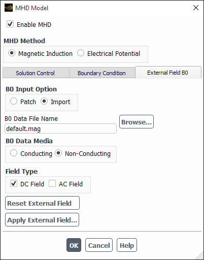 The MHD Model Dialog Box for Importing an External Magnetic Field