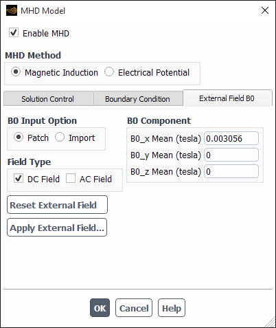 The MHD Model Dialog Box for Patching an External Magnetic Field