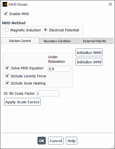 Solution Control Tab in the MHD Model Dialog Box