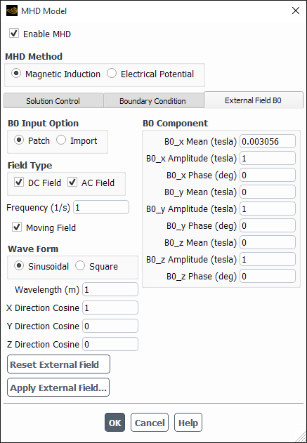 The MHD Model Dialog Box for Specifying a Moving Field