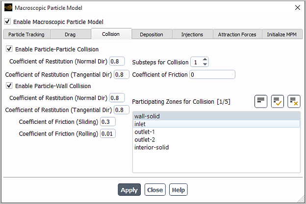 Macroscopic Particle Model Dialog Box (Collision Tab)