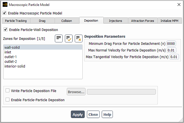 Macroscopic Particle Model Dialog Box (Deposition Tab)