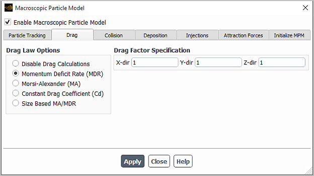 Macroscopic Particle Model Dialog Box (Drag Tab)