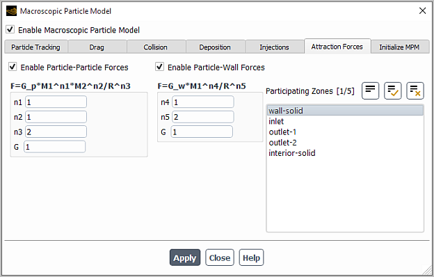 Macroscopic Particle Model Dialog Box (Attraction Forces Tab)