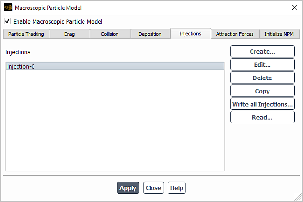 Macroscopic Particle Model Dialog Box (Injection Tab)