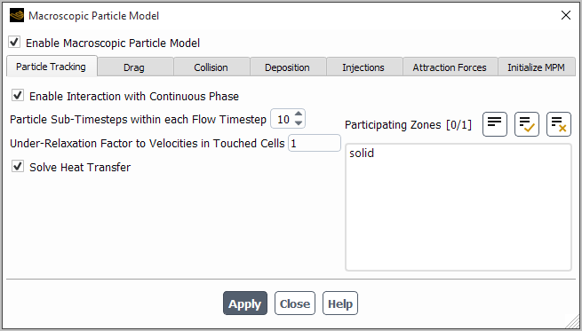 Macroscopic Particle Model Dialog Box (Particle Tracking Tab)