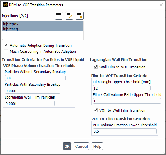 The DPM-to-VOF Transition Parameters Dialog Box