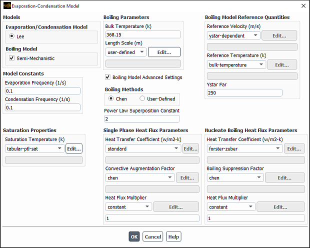 The Evaporation-Condensation Model Dialog Box