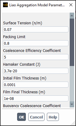 The Liao Aggregation Model Parameters Dialog Box