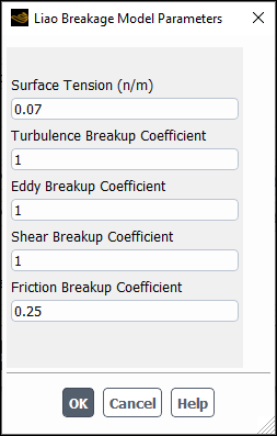 Liao Breakage Model Parameters Dialog Box