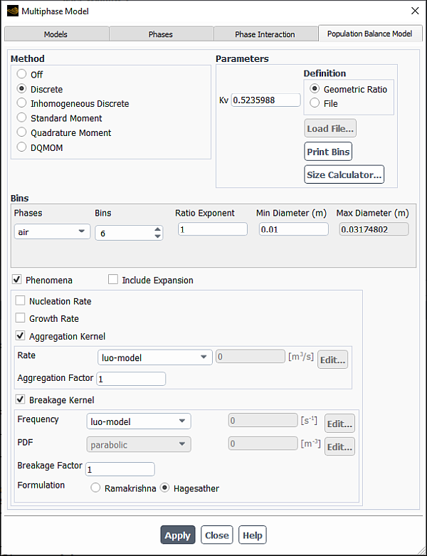 The Multiphase Model Dialog Box - Population Balance Model Tab