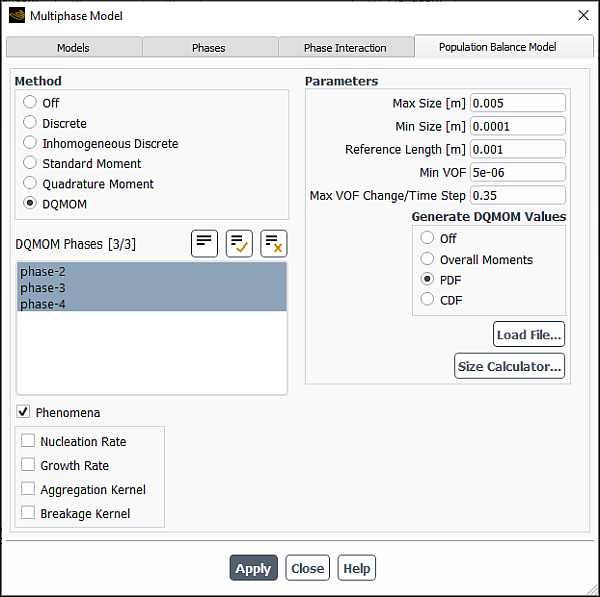 The Population Balance Model Tab for the DQMOM Model