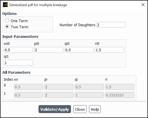 The Generalized pdf for multiple breakage Dialog Box