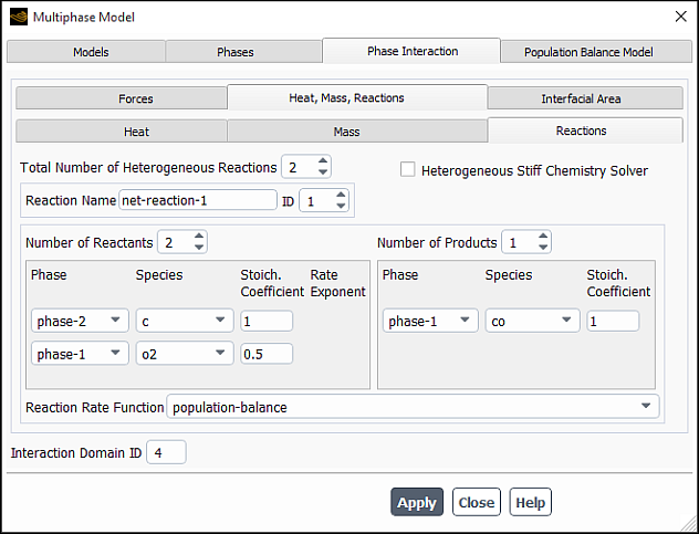 The Reactions Tab for a Heterogeneous Reaction