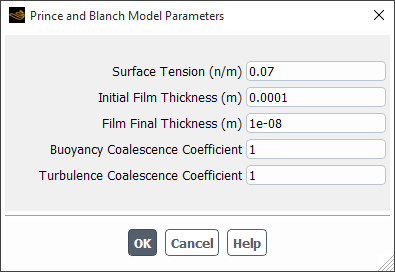 The Prince and Blanch Model Parameters Dialog Box