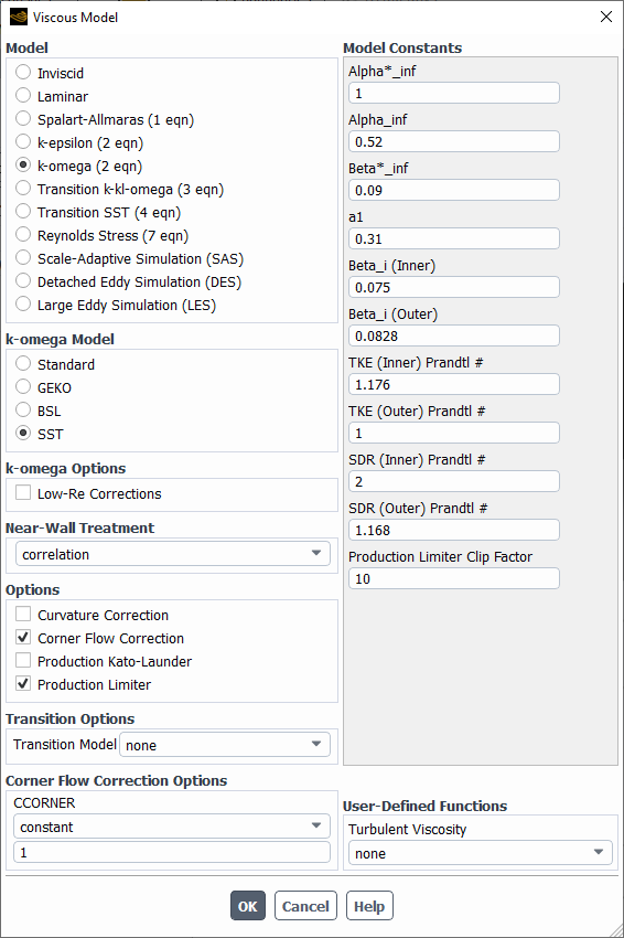 The Viscous Model Dialog Box with Corner Flow Correction option enabled