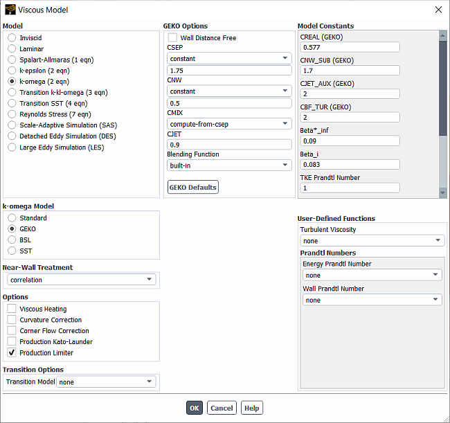 The Viscous Model Dialog Box with GEKO Options for the Full Model