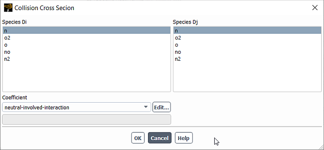 The Collision Cross Section Dialog Box for air-5species-park93 Mixture