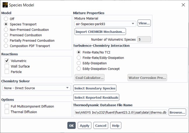 Species Model Dialog Box with Settings for Two-Temperature Model